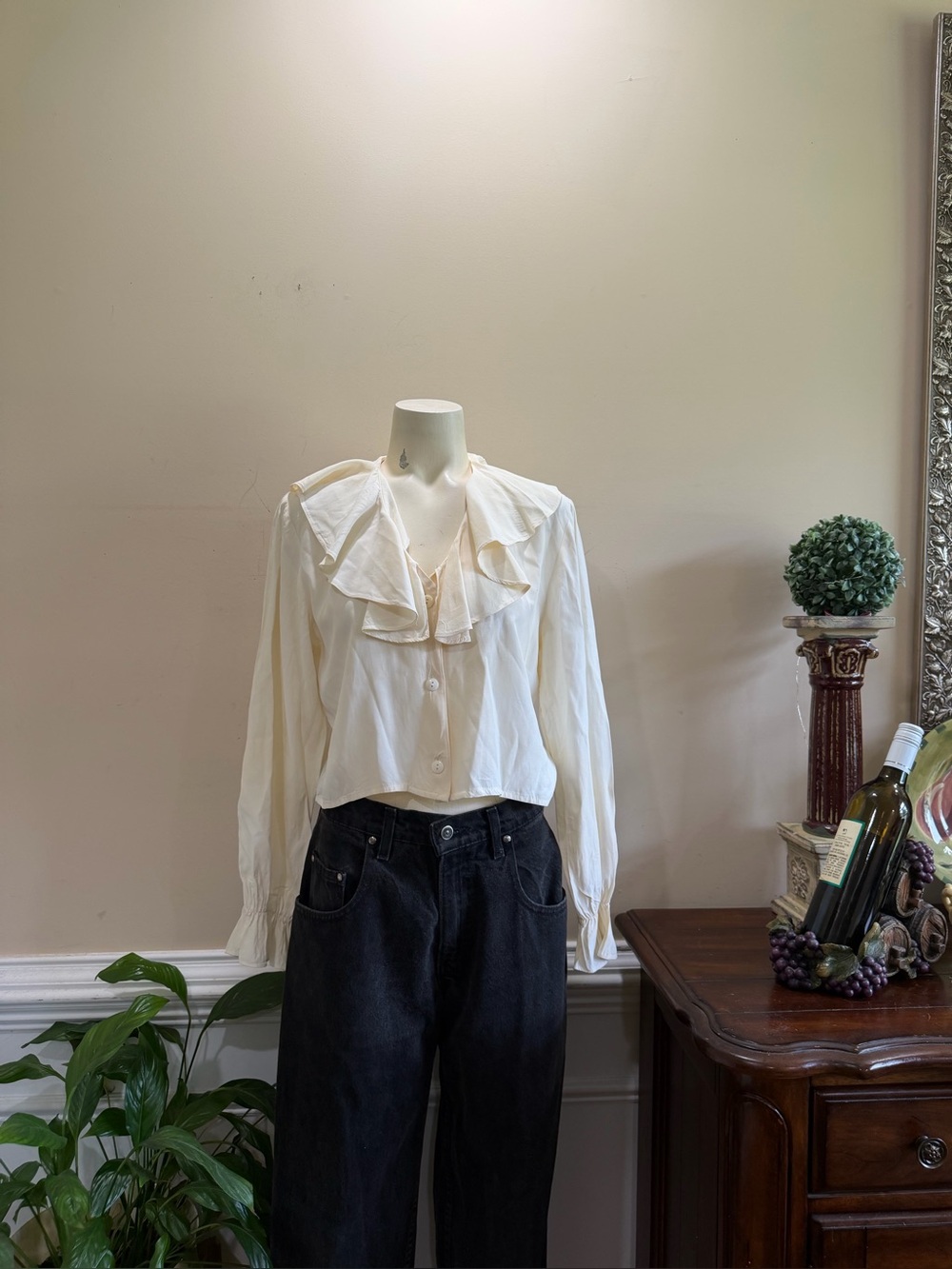 Vintage D.B.Y. Cream Ruffle-Front Blouse